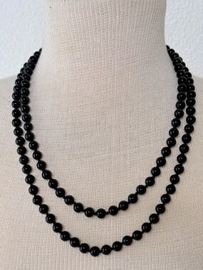 Vintage Jet Black/Glass Hand-Knotted Opera Length Strand Necklace 47"